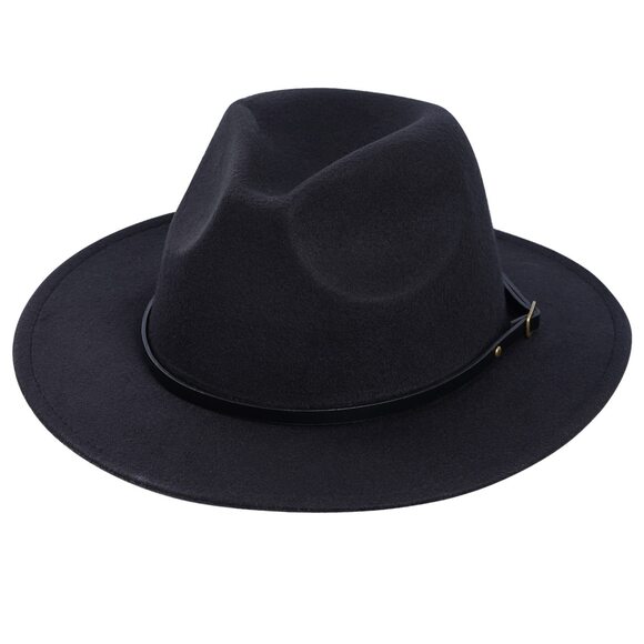 Accessories - 9124 Fedora Hat Wide Brim Fedora Retro Black Floppy Wool Felt Hat with Belt